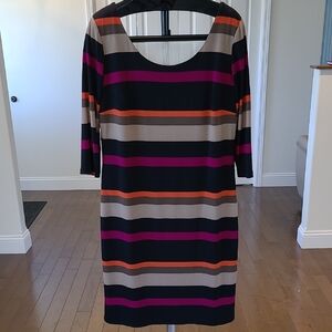 Frank Lyman Black Beige Orange Purple Stripe Scoop Neck Midi Dress Size 14